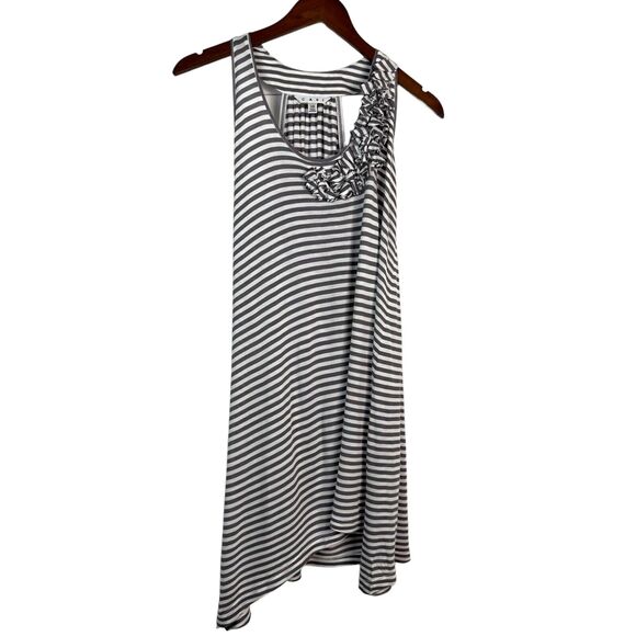 Cabi #293 Striped Rosette Scoopneck Tank Gray White Asymmetric Sharkbite Hem Top - Picture 1 of 3
